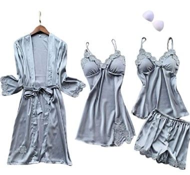 Photo 1 of Bluish grey satin pajama set [included two tank tops, one shorts, and one robe with waist tie] 