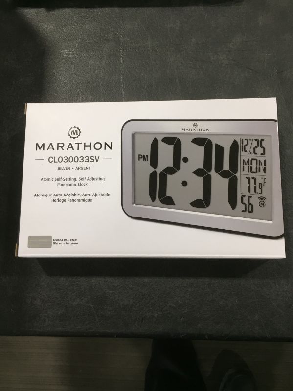 Photo 1 of MARATHON Commercial Grade Panoramic Autoset Atomic Digital Wall Clock with Table or Desk Stand, Date, and Temperature, 8 Time Zone, Auto DST, Self Setting,...
