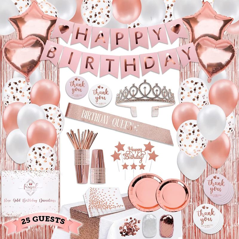 Photo 1 of 225 PC Rose Gold Birthday Party Decorations Kit for Girls, Teens, Women - Happy Birthday Banners, Curtains Table Runner Balloons, Sash Tiara Cake Topper Plates Cups Napkins Straws for 25 Guest & More
