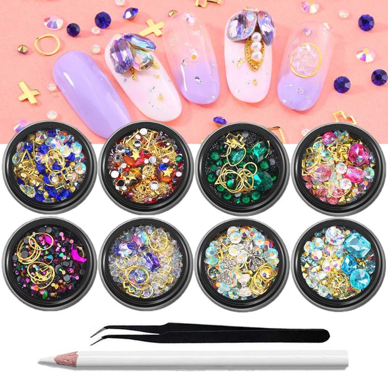 Photo 1 of 8 Boxes Kalolary 3D Nail Art Studs Rhinestones Diamond Metal Nail Rivet Set Big Gem Crystals Pearls Beads Colorful Rivet Gems Nail Jewels Decoration Manicure Kit with 1Pc Tweezer And Picker Pencil
