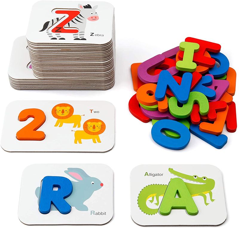 Photo 1 of Coogam Numbers and Alphabets Flash Cards Set - ABC Wooden Letters and Numbers Animal Pattern Board Matching Puzzle Game Montessori Educational Learning Toys...
