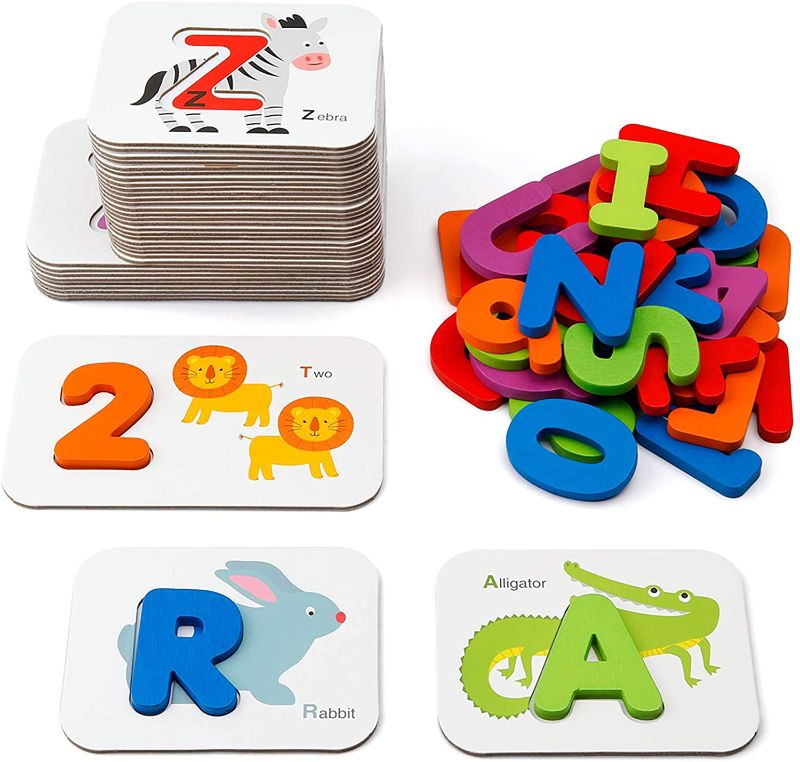 Photo 1 of Number and Alphabet Flash Cards for Toddlers 3-5 Years, ABC Montessori Educational Toys Gifts for 3 4 5 year old Preschool Learning Activities Wooden Letters and Numbers Animal Puzzle Flashcards Set
