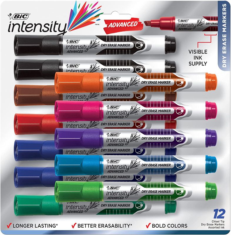 Photo 1 of BIC Intensity Advanced Dry Erase Marker, Tank Style, Chisel Tip, Assorted Colors, 12/Pack (GELITP121 | Quill
