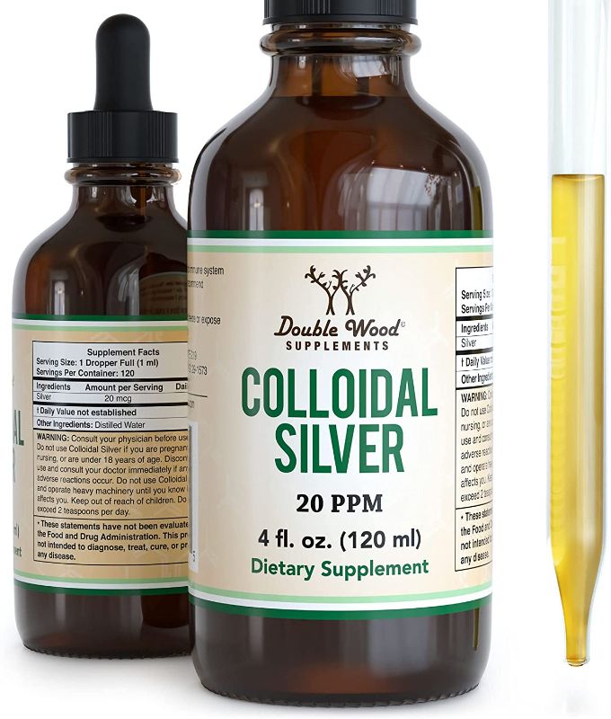 Photo 1 of Colloidal Silver Liquid 20 PPM - 4 Fl OZ (Plata Coloidal with Dropper) 99.9% Pure, Made in The USA, Gluten Free, Non-GMO by Double Wood Supplements
