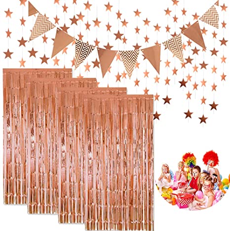 Photo 1 of 4 Pcs Rose Gold Metallic Tinsel Foil Fringe Curtains and 1 Pcs Flag Bunting Banner and 1 Pcs Glitter Paper Star Shape Garland for Birthday Wedding Bachelorette Party Photo Backdrop Decorations
