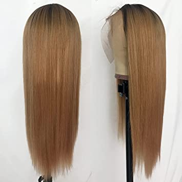 Photo 1 of QD-Tizer Honey Blonde Synthetic Lace Front Wig Long Straight Ombre Color Brown Roots Glueless Heat Resistant Hair Lace Wig for Women 22 inch
