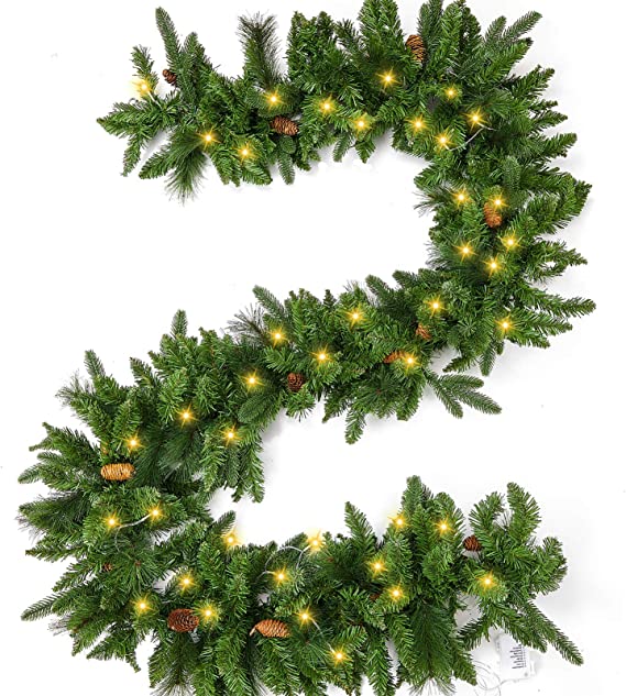 Photo 1 of 9 Foot Pre-lit Christmas Garland with Lights, Artificial Pine Garland, Waterproof Battery Operated Lighted Garland Christmas Decorations, for Indoor Outdoor Home Xmas Holiday Mantel Front Door Decor
