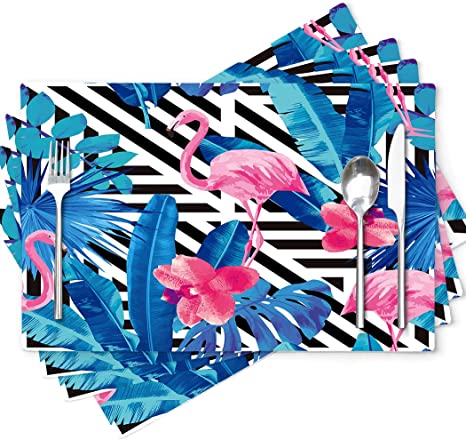 Photo 1 of ASOCO Pink Flamingos Placemats Set of 4 Blue Floral Plant Banana Leaf Jungle 12X18 Inch Table Mats Black and White Geometric Washable Fabric for Kitchen Dinning
