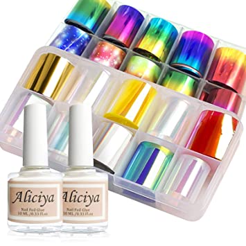 Photo 1 of Aliciya 20 Rolls Nail Foil Decal, Color Glass, Starry Sky Star, Nail Foil Wraps Transfer Decals Nail Art DIY Sticker Kit with Nail Glue
