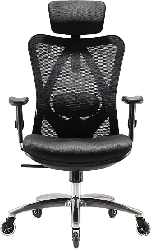 Photo 1 of XUER Ergonomic Office Chair, Mesh Computer Desk Chair with Adjustable Sponge Lumbar Support, Thick Cushion, PU Armrest and Headrest, High Back Swivel Home Office Task Chair for Work (Black)
