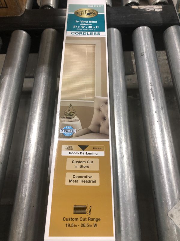 Photo 1 of Hampton Bay
Alabaster Cordless Room Darkening 1 in. Vinyl Mini Blind for Window or Door - 27 in. W x 48 in. L