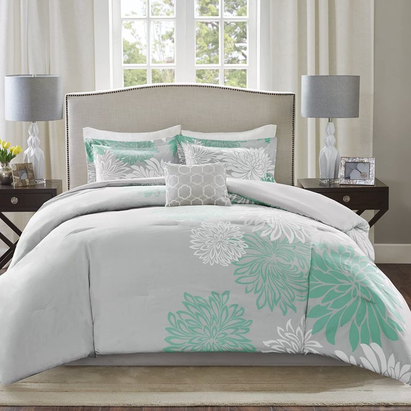 Photo 1 of Comfort Spaces Enya Comforter Set-Modern Floral Design All Season Down Alternative Bedding, Matching Shams, Bedskirt, Decorative Pillows, King(104"x90"), Aqua
