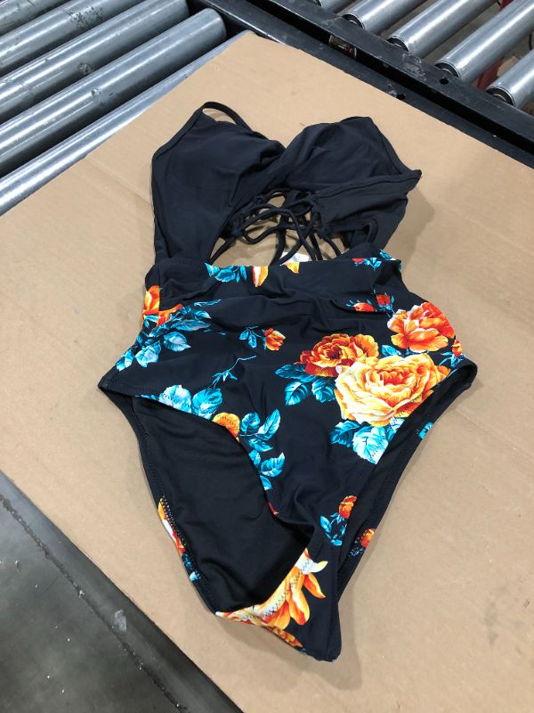 Photo 2 of Black Floral Print Halter One Piece Swimsuit (SMALL)
