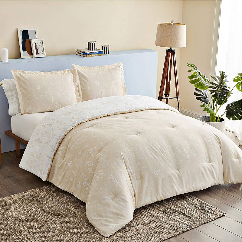 Photo 1 of Bedsure QUEEN Comforter Set Beige Khaki White - Reversible Floral  Bedding Comforter Set, 2 Pieces Flowers Plants All Season Bed Set with 1 Pillow Sham