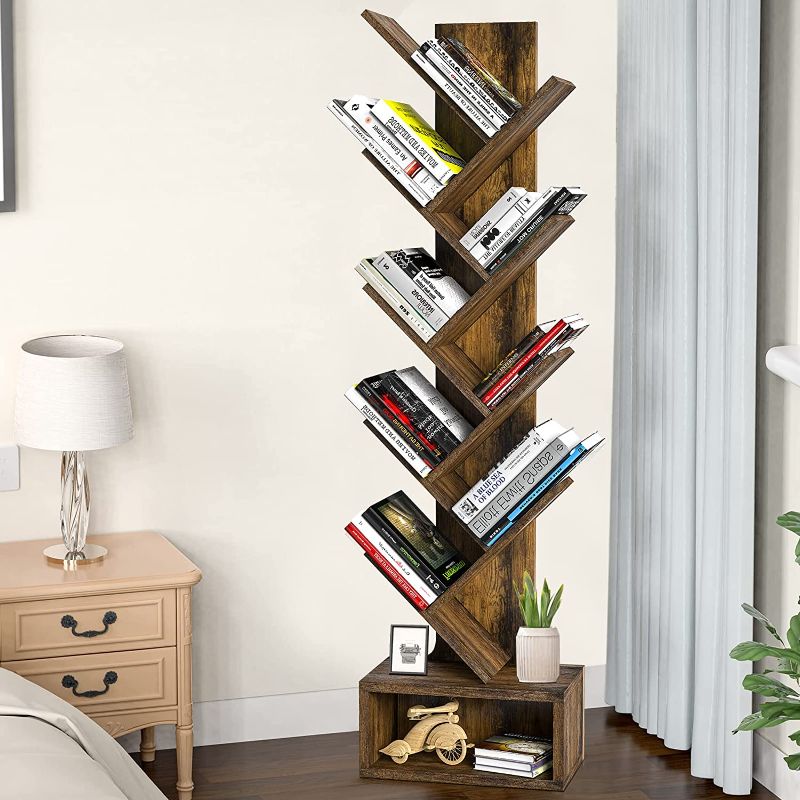 Photo 1 of SUAYLLA Tree Bookshelf with Display Drawer, 9 Tier Floor Standing Bookcase with Wooden Shelves, Storage Rack Shelves Holder for Books CDs Movies Files in Home Office Living Room - Rustic Brown