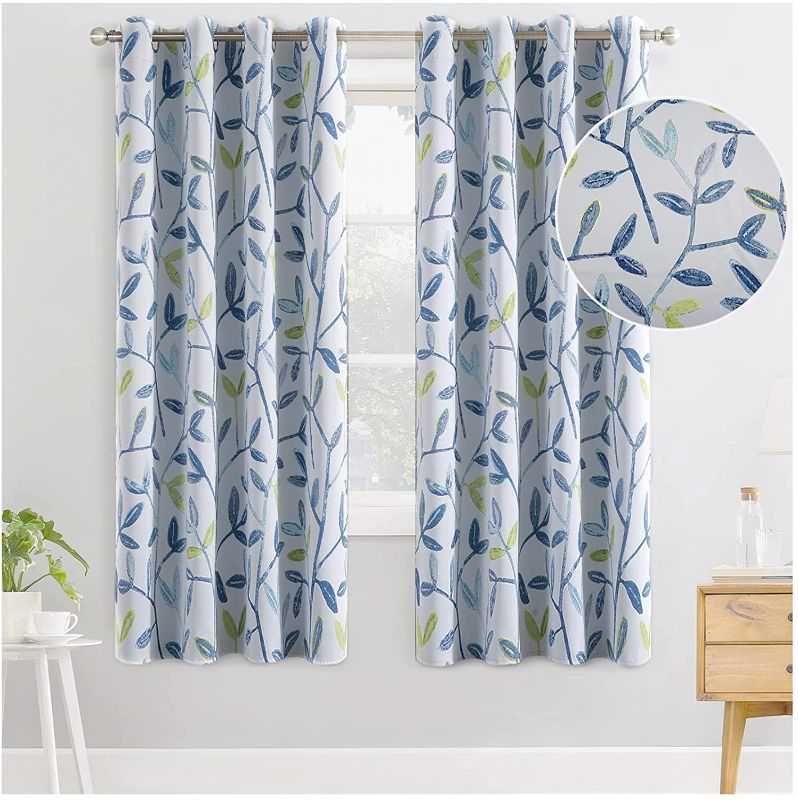Photo 1 of Calimodo Blue Leaves Blackout Curtains 63 inch Plants Grommet Insulated Thermal Room Darkening Window Drapes for Kids, Bedroom, Living Room and Kitchen, 2 Panels
