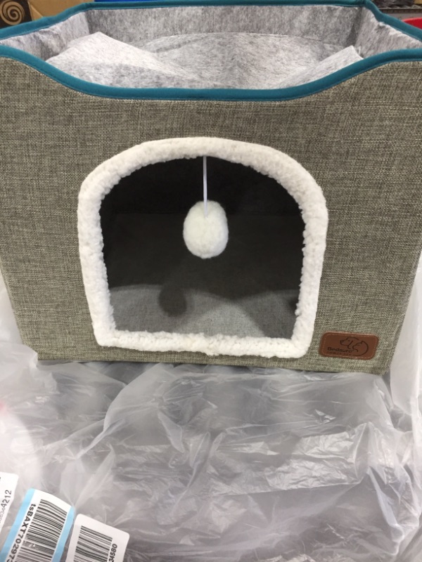 Photo 3 of Bedsure Cat Beds for Indoor Cats - Large Cat House for Pet Cat Cave with Cat Scratch Pad and Fluffy Ball Hanging, Foldable Cat Hidewawy,16.5x16.5x14 inches
