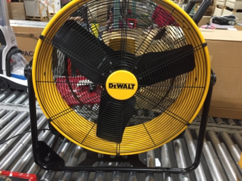 Photo 3 of DEWALT Drum Fan High-Velocity Industrial, Drum, Floor, Barn, Warehouse Fan, Heavy Duty Air Mover with Adjustable Tilt & Large Wheel, 24", Yellow DXF2490
