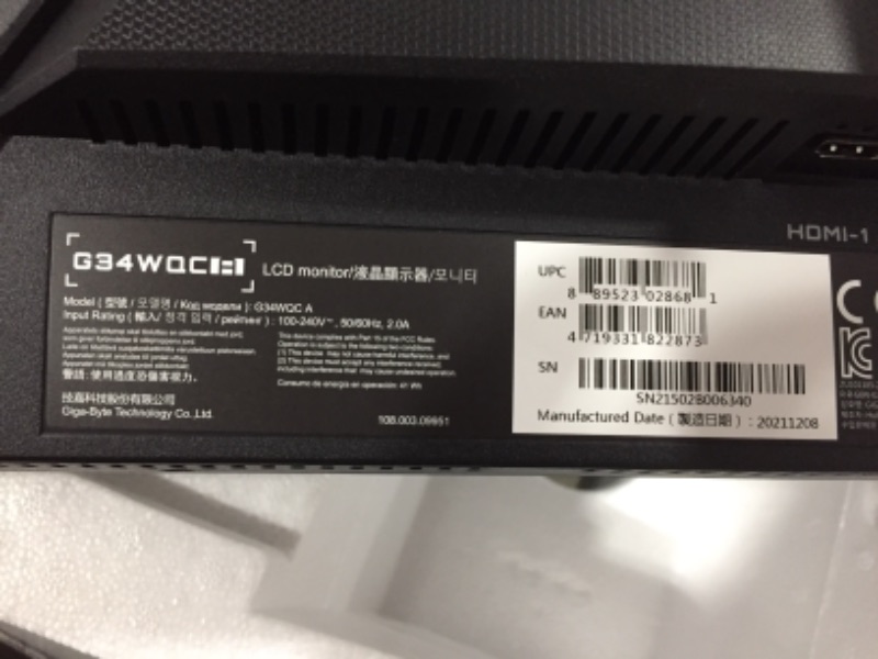 Photo 3 of GIGABYTE G34WQC A 34" 144Hz Ultra-Wide Curved Gaming Monitor, 3440 x 1440 VA 1500R Display, 1ms (MPRT) Response Time, 90% DCI-P3, VESA Display HDR400, FreeSync Premium, Black (G34WQC A-SA)

