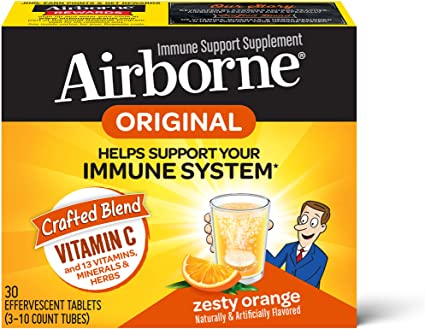 Photo 1 of Airborne 1000mg Vitamin C with Zinc Effervescent Tablets, Immune Support Supplement with Powerful Antioxidants Vitamins A C & E - (30 count box), Zesty Orange Flavor, Fizzy Drink Tablets, Gluten-Free, bb 11/22
