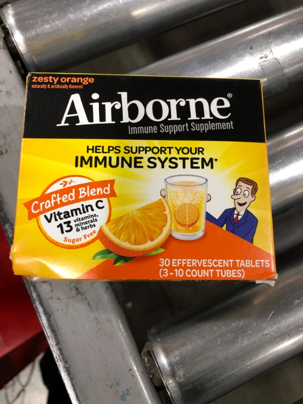 Photo 2 of Airborne 1000mg Vitamin C with Zinc Effervescent Tablets, Immune Support Supplement with Powerful Antioxidants Vitamins A C & E - (30 count box), Zesty Orange Flavor, Fizzy Drink Tablets, Gluten-Free, bb 11/22
