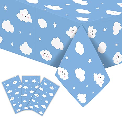 Photo 1 of 3 PCS Blue Sky White Clouds Table Covers Cartoon Story Birthday Party Supplies Cartoon Tablecloth Table Banner for Kids Birthday Baby Shower Wedding Picnic
