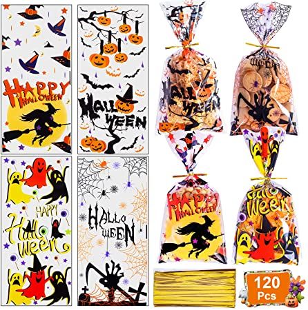 Photo 1 of 120 Pcs Halloween Cellophane Bags for Kids, Halloween Goodie Candy Treat Bags with Twist Ties for Snacks Cookie, Plastic Clear Trick or Treat Gift Bags for Party Favors Supplies
