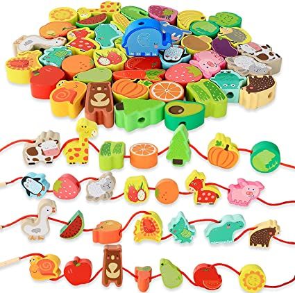 Photo 1 of Montessori Educational Threading Toys Wooden Stringing Farm Animals Fruits Lacing Beads Preschool Toy for Toddler 3 4 5 Year Old Boys Girls
