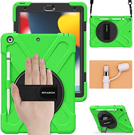 Photo 1 of BRAECN iPad Case 9th/8th/7th Generation, 10.2 Inch iPad Case with Hand Strap, Dropproof Kids Case with Kickstand, Shoulder Strap, Pencil Holder, Pencil Cap Holder for 2021/2020/2019 10.2" iPad(Green)
