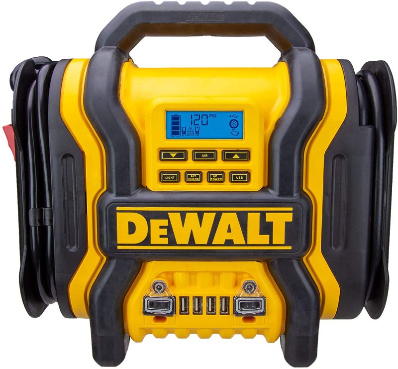 Photo 1 of DEWALT DXAEPS14 1600 Peak Battery Amp 12V Automotive Jump Starter/Power Station with 500 Watt AC Power Inverter, 120 PSI Digital Compressor, and USB Power
