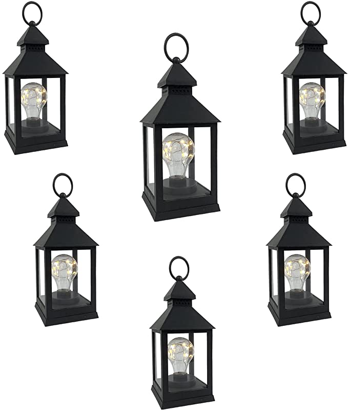 Photo 1 of 10.4”H Decorative Plastic Black Lantern with 6Hours Timer and Traditional Bulb Inside Using Battery for Indoor and Outdoor Hanging Lantern Decor for Home Party
