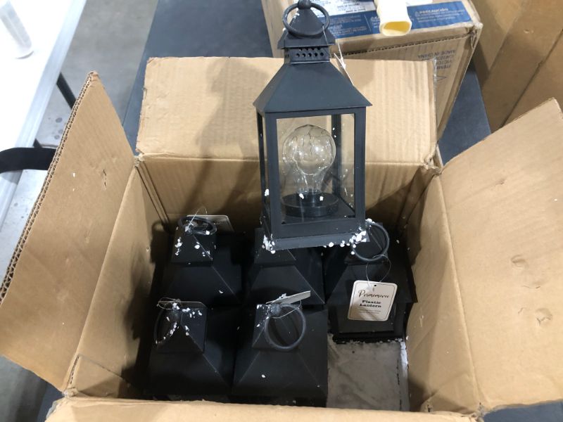 Photo 2 of 10.4”H Decorative Plastic Black Lantern with 6Hours Timer and Traditional Bulb Inside Using Battery for Indoor and Outdoor Hanging Lantern Decor for Home Party
