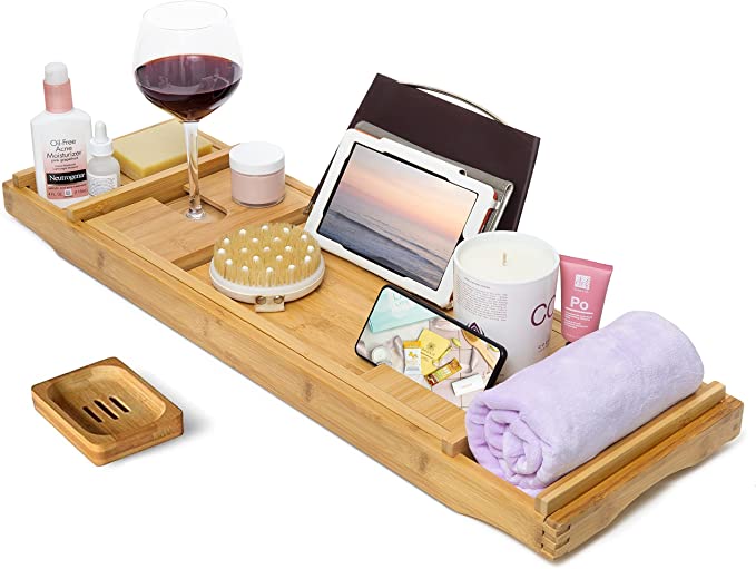 Photo 1 of CINEYO Luxury Bamboo Bathtub Caddy Tray - Expandable Bath Table Over Tub with Wine Glass Book and Phone Holder and Free Soap Dish
