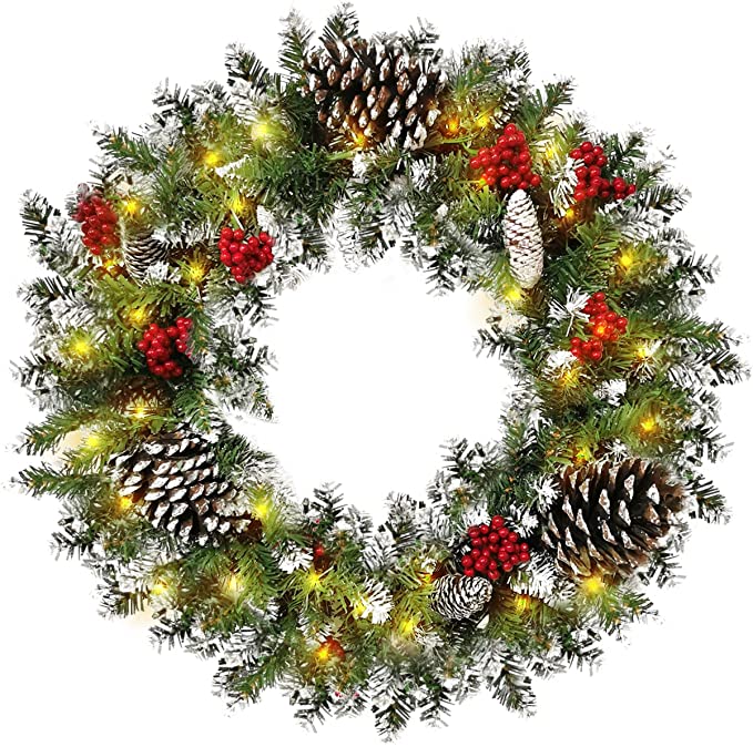 Photo 1 of Christmas Wreath,Flocked with Mixed Decorations and 50 LED Light,Christmas Wreaths for Front Door Indoor Window Wall Décor, Outdoor Christmas Decorations (Battery Not Included) (Wm202103, 24inch)
