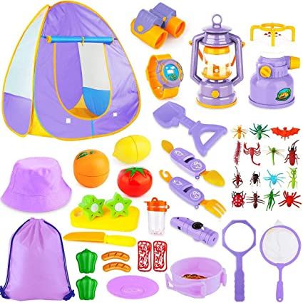 Photo 1 of Kids Camping Tent Set Toys, MIBOTE 45pcs Pop Up Play Tent with Camping Gear Indoor Outdoor Pretend Play Set for Toddler Boys Girls - Including Telescope, Walkie Talkie
