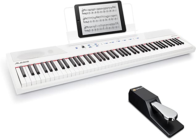 Photo 1 of Digital Piano Bundle - Electric Keyboard with 88 Semi Weighted Keys, Built-In Speakers and Sustain Pedal – Alesis Recital (White) and M-Audio SP-2
