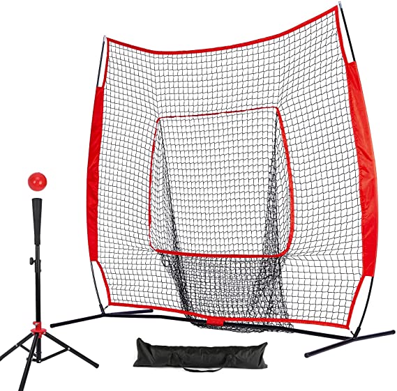 Photo 1 of Baseball and Softball Practice Net 7'×7' Portable Hitting Batting Training Net with Carry Bag & Metal Frame + Baseball Softball Batting Tee (Baseball Net with Batting Tee)