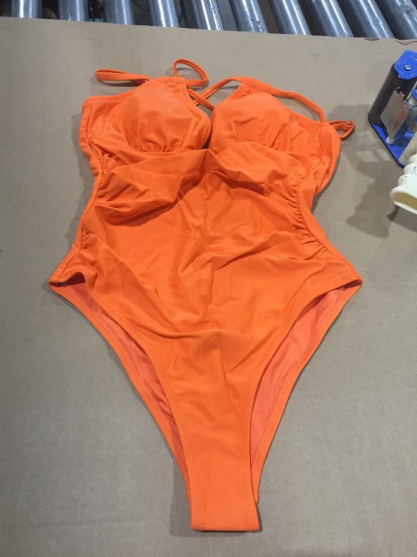 Photo 2 of Allie Orange Ruched Cut-Out Back One Piece Swimsuit MED 