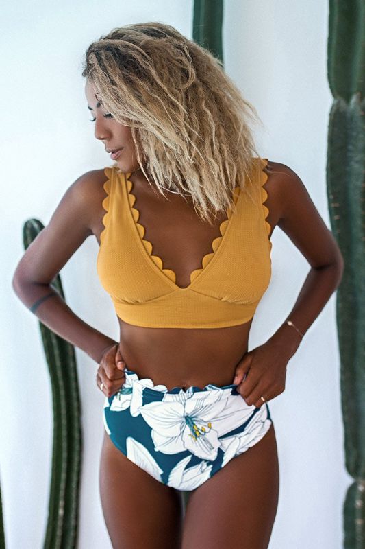 Photo 1 of Yellow And Floral V-Neck Scalloped Bikini MED 