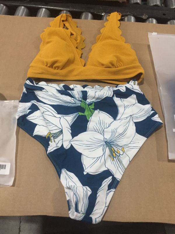 Photo 2 of Yellow And Floral V-Neck Scalloped Bikini MED 