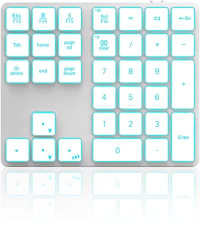 Photo 1 of Wireless Bluetooth Backlit Numeric Keypad, Rechargeable Number Pad with 34 Keys for PC/Laptop/MacBook/iMac/Surface Pro, Win/Mac OS, White Silver
