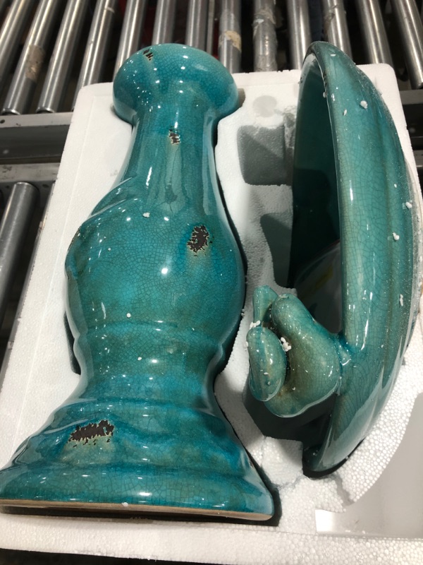 Photo 2 of Alpine Corporation TLR102TUR Alpine Pedestal Bath with 2 Figurines-Turquoise Antique Ceramic Birdbath with Birds, 24 Inch Tall, 19" L x 16" W x 25" H
