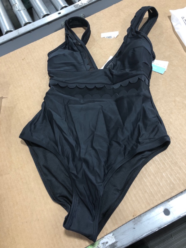 Photo 2 of CUPSHE Solid Black V-Neck One Piece Swimsuit, MEDIUM