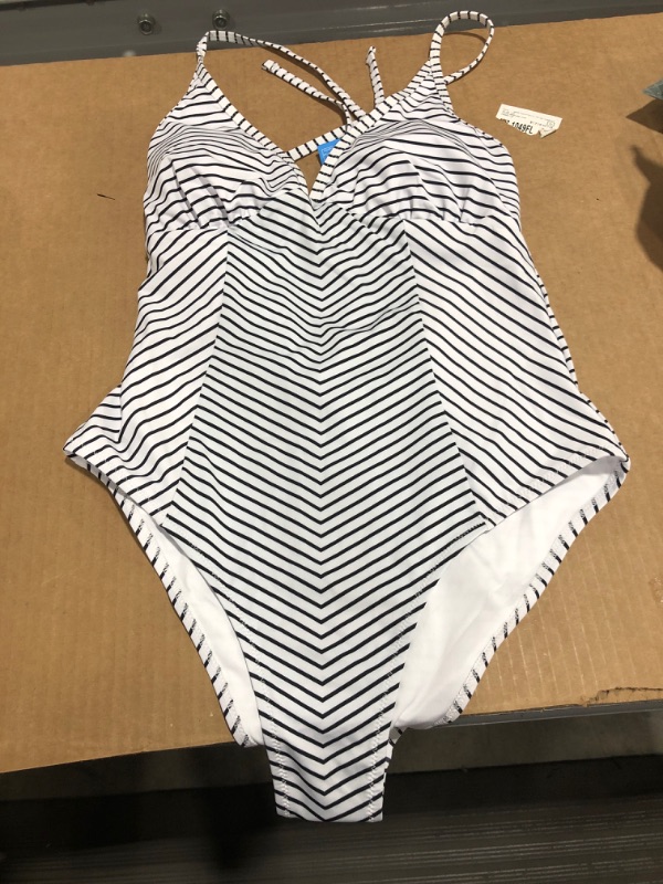 Photo 2 of CUPSHE Black And White Stripe V-Neck One Piece Swimsuit, LARGE