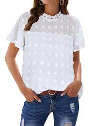 Photo 1 of 2-Pack ZXZY Women Crochet Dots Cutout Short Sleeves Mock Neck Blouse Top, MEDIUM 