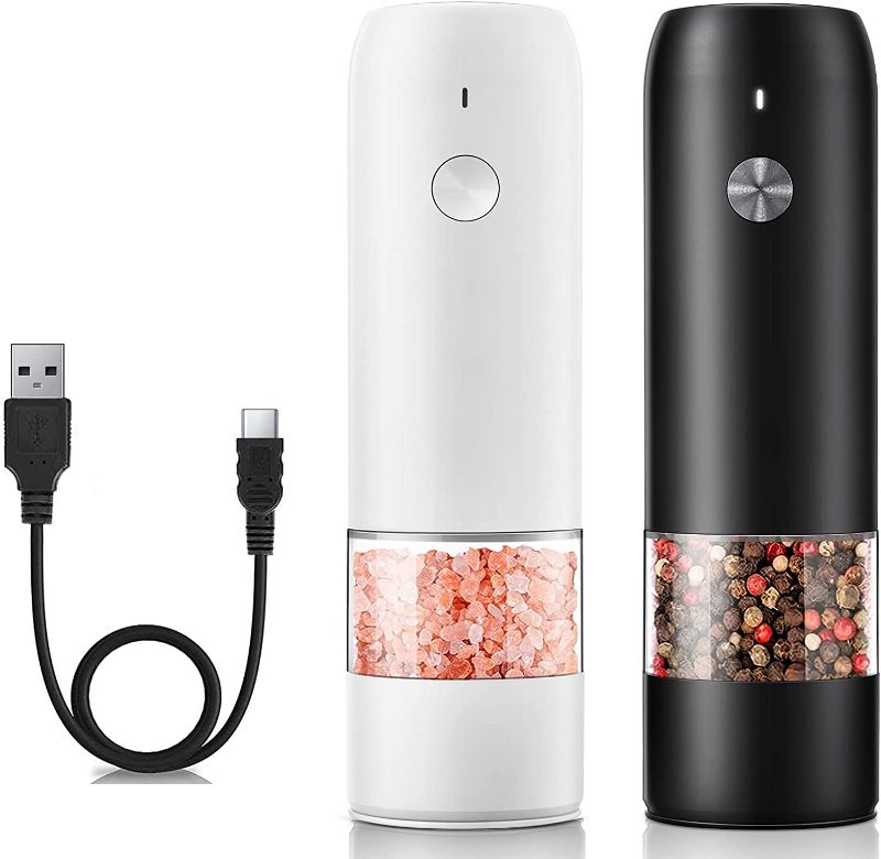 Photo 1 of Rechargeable Electric Pepper and Salt Grinder Set - One-Handed - No Battery Needed Modern Style - Automatic Black Peppercorn & Sea Salt Spice Mill Set with Adjustable Coarseness & LED Light Refillable
