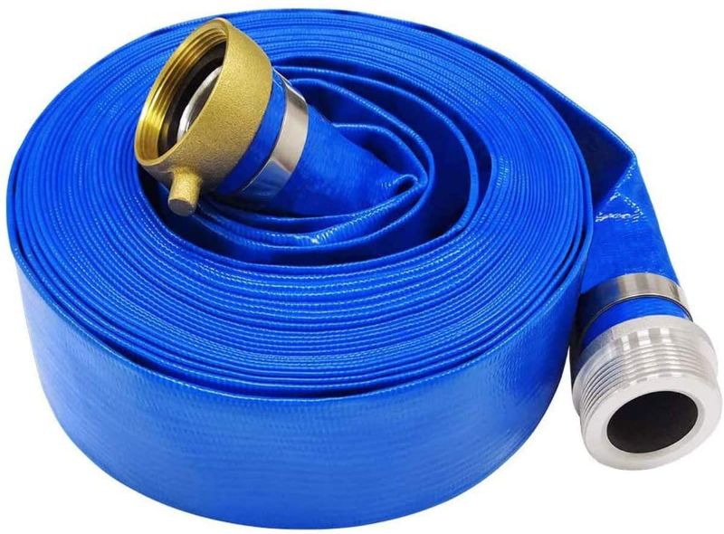 Photo 1 of 2" x 50' Blue PVC Backwash and Discharge Hose for Swimming Pools, Heavy Duty Reinforced Flat Pool Hose with Aluminum Pin Lug Fittings
