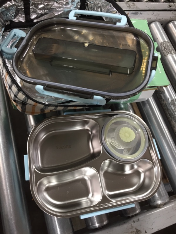 Photo 1 of Bento Box, 304 Stainless Steel Lunch Box, Compartment Bento Box, 4 Grid Portable Lunch Box Container, Food Storage Container for Student Adult Built-in Utensil Set (Blue)
