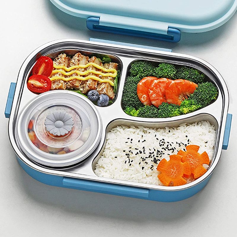 Photo 1 of Bento Box, 304 Stainless Steel Lunch Box, Compartment Bento Box, 4 Grid Portable Lunch Box Container, Food Storage Container for Student Adult Built-in Utensil Set (Blue)
