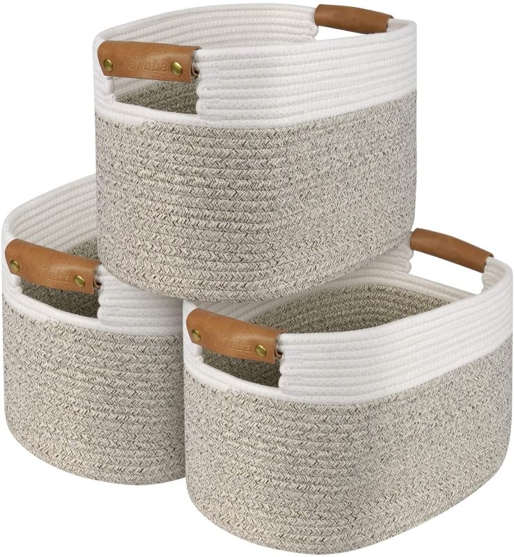 Photo 1 of 3 Pack Woven Cotton Rope Cube Storage Baskets, AivaToba Shelf Baskets for Organizing, Decorative Baskets with Detachable Leather Handles for Closet Storage, 15”x10”x9.5”
